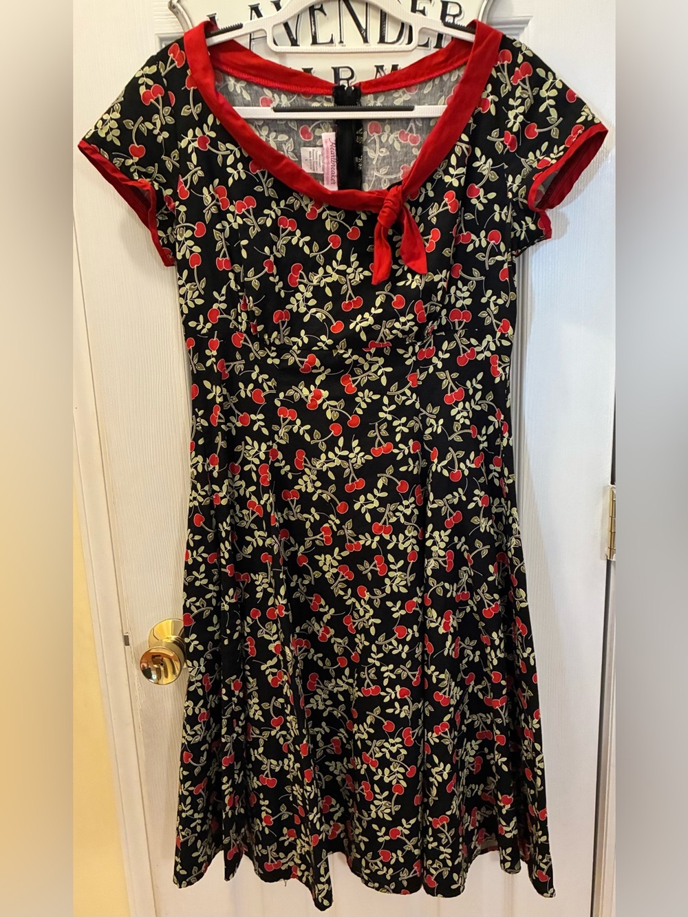 Black Cherry-Print Casual A-Line Dress with Red Trim with Back Tie Accent